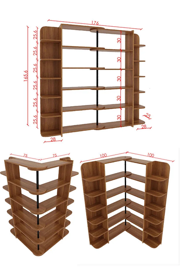 Duvar/Köşe Modüler Kitaplık – 176 cm Geniş Ünite, 17 Raflı Salon & Ofis Kitaplığı